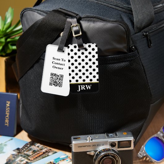 Zwart-wit Stippen Patroon Monogram QR-code Bagagelabel (Voorkant /achterkant)