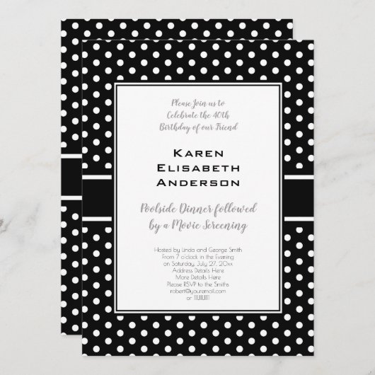 Zwart-wit Stippenpatroon 40e Verjaardagsfeestje Kaart (Voorkant / Achterkant)