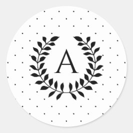 Zwart-Wit Stippenpatroon Lauwerkrans Monogram Ronde Sticker