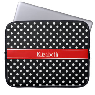 Zwart-wit stippenpatroon Rode naam Monogram Laptop Sleeve