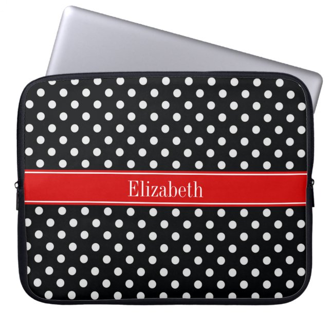 Zwart-wit stippenpatroon Rode naam Monogram Laptop Sleeve (Voorkant)