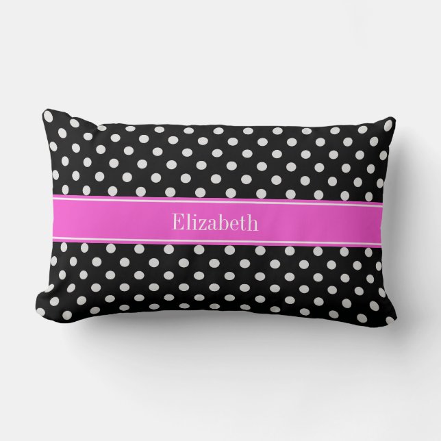 Zwart-wit Stippenpatroon Roze Naam Monogram Kussen (Voorkant)