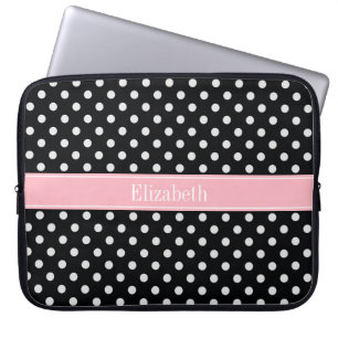 Zwart-wit stippenroze naam monogram laptop sleeve