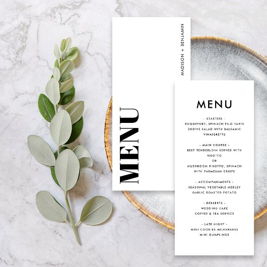 Zwart-wit, strak minimalistisch modern bruiloftsfe menu