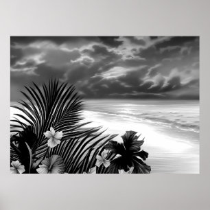 Zwart wit Strand Oceaan Palm Hibiscus bloemen Poster