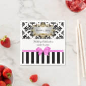 Zwart Wit Streep Damask Bubble Gum Pink Ribbon Servet (Insitu)