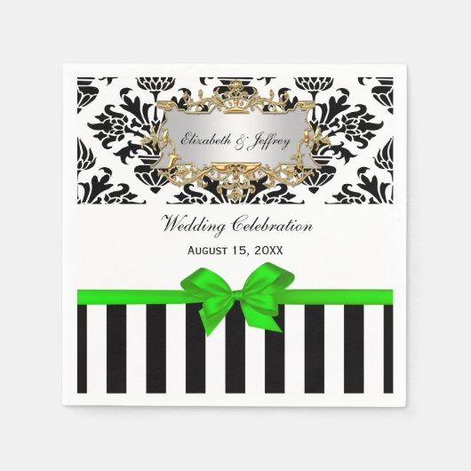 Zwart Wit Streep Damask Lime Green Ribbon Servetten (Voorkant)