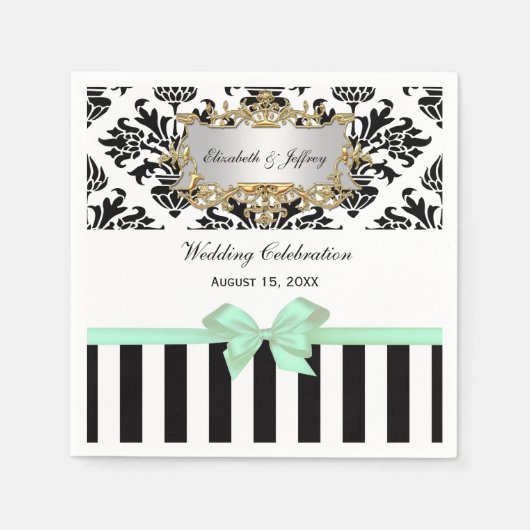 Zwart Wit Streep Damask Mint Ribbon Servetten (Voorkant)