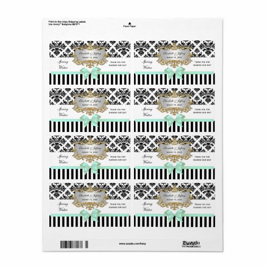 Zwart Wit Streep Damask Mint Water Label (Full Sheet)