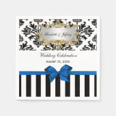 Zwart Wit Streep Damast Blauw Lint Servetten (Voorkant)