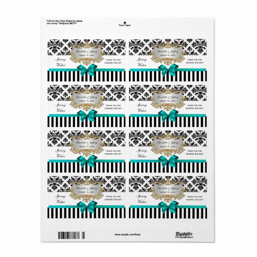 Zwart Wit Streep Damast Blauwgroen Waterlabel Etiket (Full Sheet)