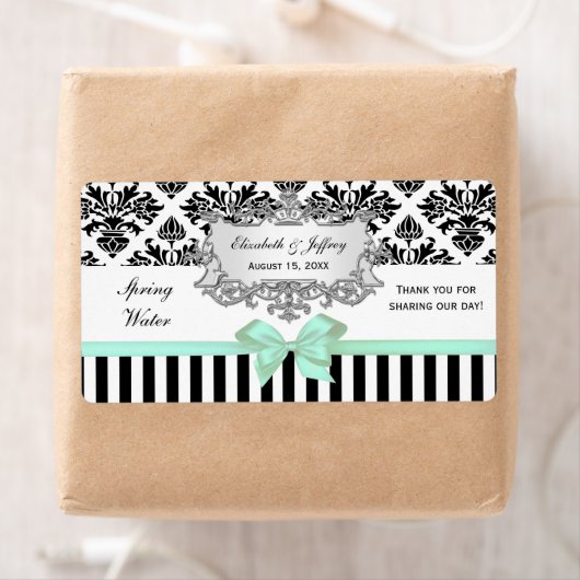 Zwart Wit Streep Damast Mint Water Label Zilver (Insitu)