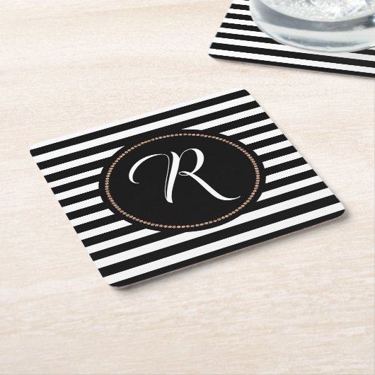 Zwart-wit streep en monogram papier Onderzetters (Schuin)