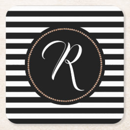 Zwart-wit streep en monogram papier Onderzetters