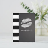 Zwart Wit Streep Faux Zilver Shimmer Lips Event Briefkaart (Staand voorkant)