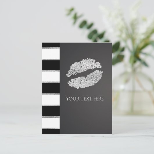 Zwart Wit Streep Faux Zilver Shimmer Lips Event Briefkaart (Staand voorkant)