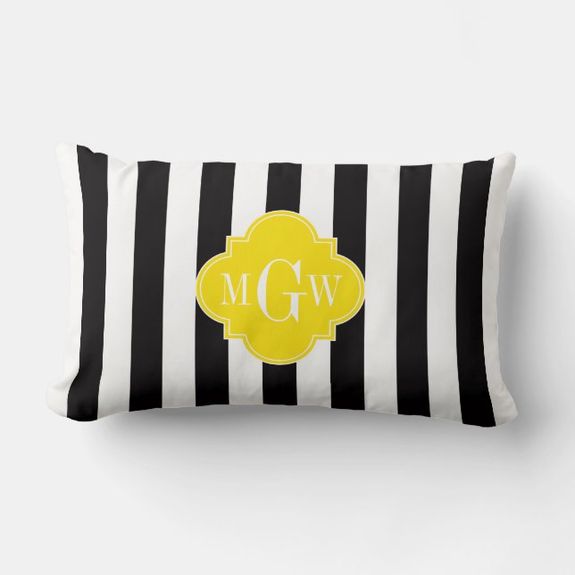 Zwart Wit Streep Fel Geel Quatrefoil 3 Monogram Kussen (Voorkant)