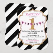 Zwart-wit streep goud glitter eerste verjaardag kaart (Voorkant / Achterkant)