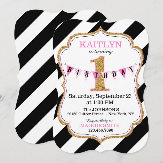 Zwart-wit streep goud glitter eerste verjaardag kaart (Voorkant / Achterkant)