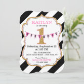 Zwart-wit streep goud glitter eerste verjaardag kaart (Staand voorkant)