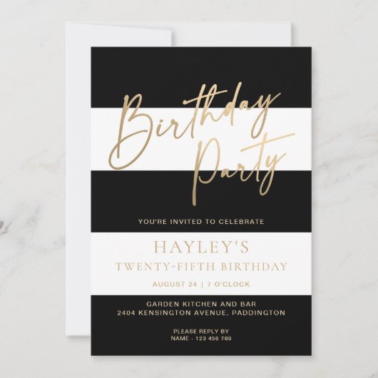 Zwart Wit Streep Goud Verjaardag Kaart (Voorkant)