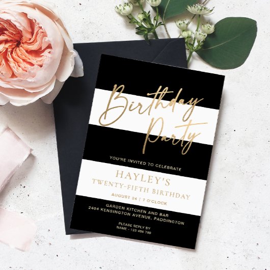 Zwart Wit Streep Goud Verjaardag Kaart