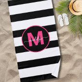 Zwart Wit Streep Hot Roze Naam Monogram Strandlaken