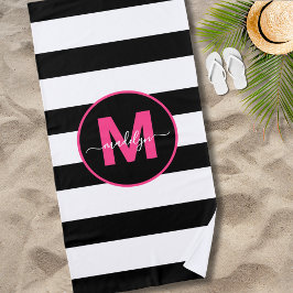 Zwart Wit Streep Hot Roze Naam Monogram Strandlaken