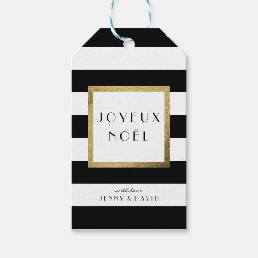 Zwart-wit streep "Joyeux Noël" Kerstvakantie Cadeaulabel (Voorkant)
