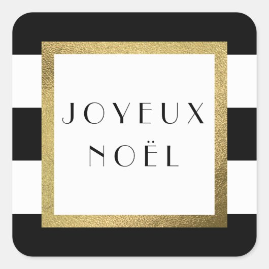 Zwart-wit streep "Joyeux Noël" Kerstvakantie Vierkante Sticker (Voorkant)