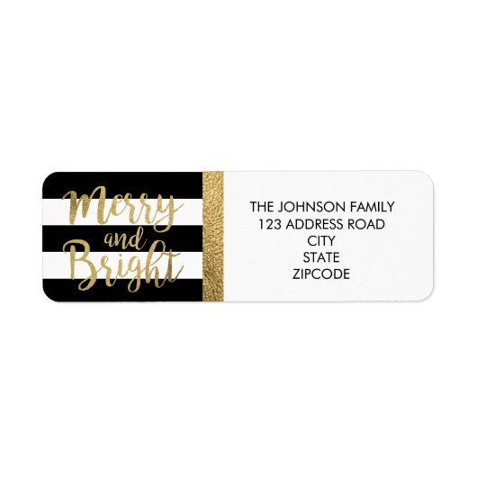Zwart-wit streep "Merry & Bright" Xmas Adres Etiket (Voorkant)