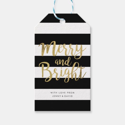 Zwart & Wit Streep "Merry & Bright" Xmas Cadeaulabel (Voorkant)