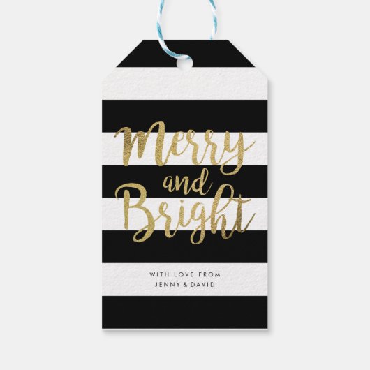 Zwart & Wit Streep "Merry & Bright" Xmas Cadeaulabel (Achterkant)