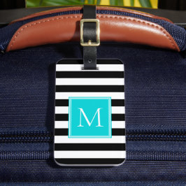Zwart & Wit Streep met Aqua Monogram Bagagelabel