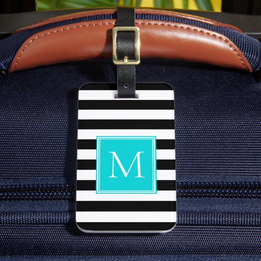 Zwart & Wit Streep met Aqua Monogram Bagagelabel (Voorkant Insitu 2)