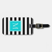 Zwart & Wit Streep met Aqua Monogram Bagagelabel (Voorkant horizontaal)