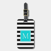 Zwart & Wit Streep met Aqua Monogram Bagagelabel (Voorkant verticaal)