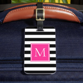 Zwart & Wit Streep met Heet Roze Monogram Bagagelabel