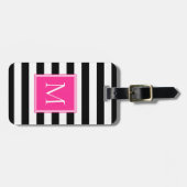 Zwart & Wit Streep met Heet Roze Monogram Bagagelabel (Voorkant horizontaal)
