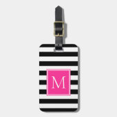 Zwart & Wit Streep met Heet Roze Monogram Bagagelabel (Voorkant verticaal)