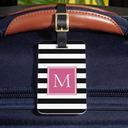 Zwart & Wit Streep met Hot Roze Monogram Bagagelabel (Voorkant Insitu 2)