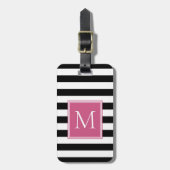 Zwart & Wit Streep met Hot Roze Monogram Bagagelabel (Voorkant verticaal)