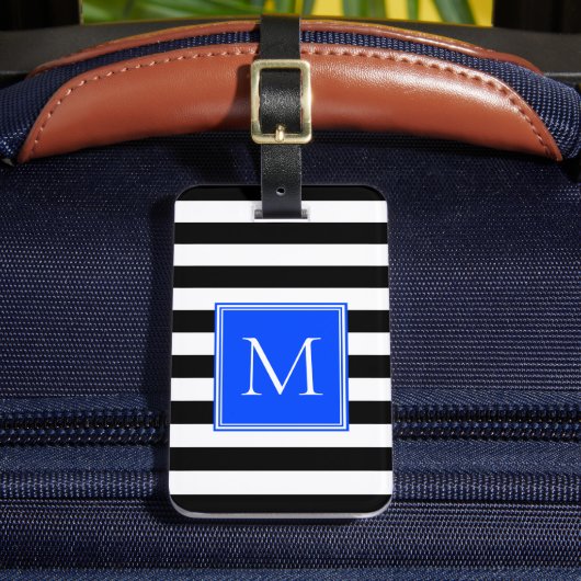 Zwart & Wit Streep met Kobalt Monogram Bagagelabel (Voorkant Insitu 2)