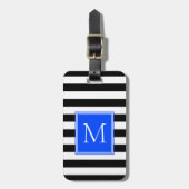 Zwart & Wit Streep met Kobalt Monogram Bagagelabel (Voorkant verticaal)