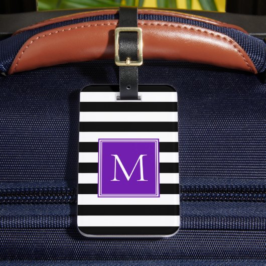 Zwart & Wit Streep met Paarse Monogram Bagagelabel (Voorkant Insitu 2)