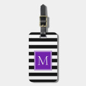 Zwart & Wit Streep met Paarse Monogram Bagagelabel (Voorkant verticaal)