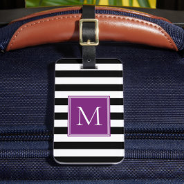 Zwart & Wit Streep met Pruim Monogram Bagagelabel
