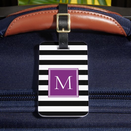 Zwart & Wit Streep met Pruim Monogram Bagagelabel (Voorkant Insitu 2)