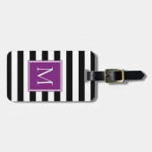 Zwart & Wit Streep met Pruim Monogram Bagagelabel (Voorkant horizontaal)