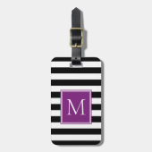 Zwart & Wit Streep met Pruim Monogram Bagagelabel (Voorkant verticaal)